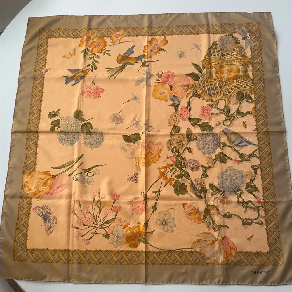 Valentino Pink and Gold Floral Silk Scarf